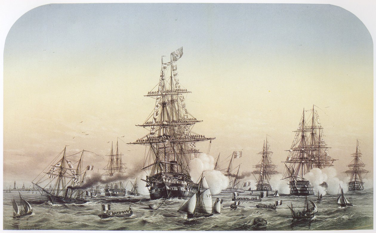 Napoleon III i Calais, besøkte den britiske skvadronen som dro til Krim. 14. juli 1854 av Louis Le Breton
