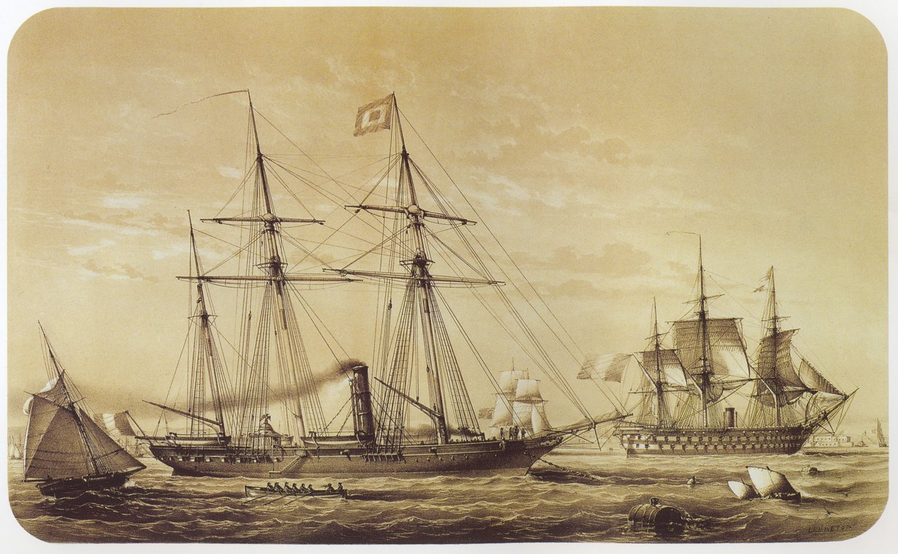 Reine Hortense, keiserlige yacht av Napoleon III. Skipet til linjen Austerlitz kan sees i bakgrunnen av Louis Le Breton