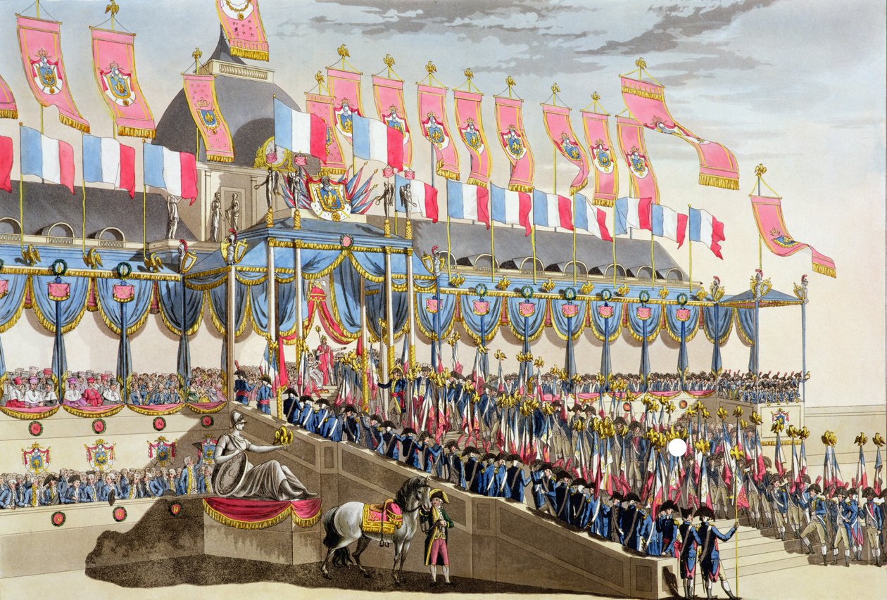Hellig festival og kroning av deres keiserlige majesteter, utsikt over dekorasjonene foran Ecole Militaire ved siden av Champ du Mars, gravert av Francois Aubertin (1783-1821), utgitt 1806 av Louis Le Coeur