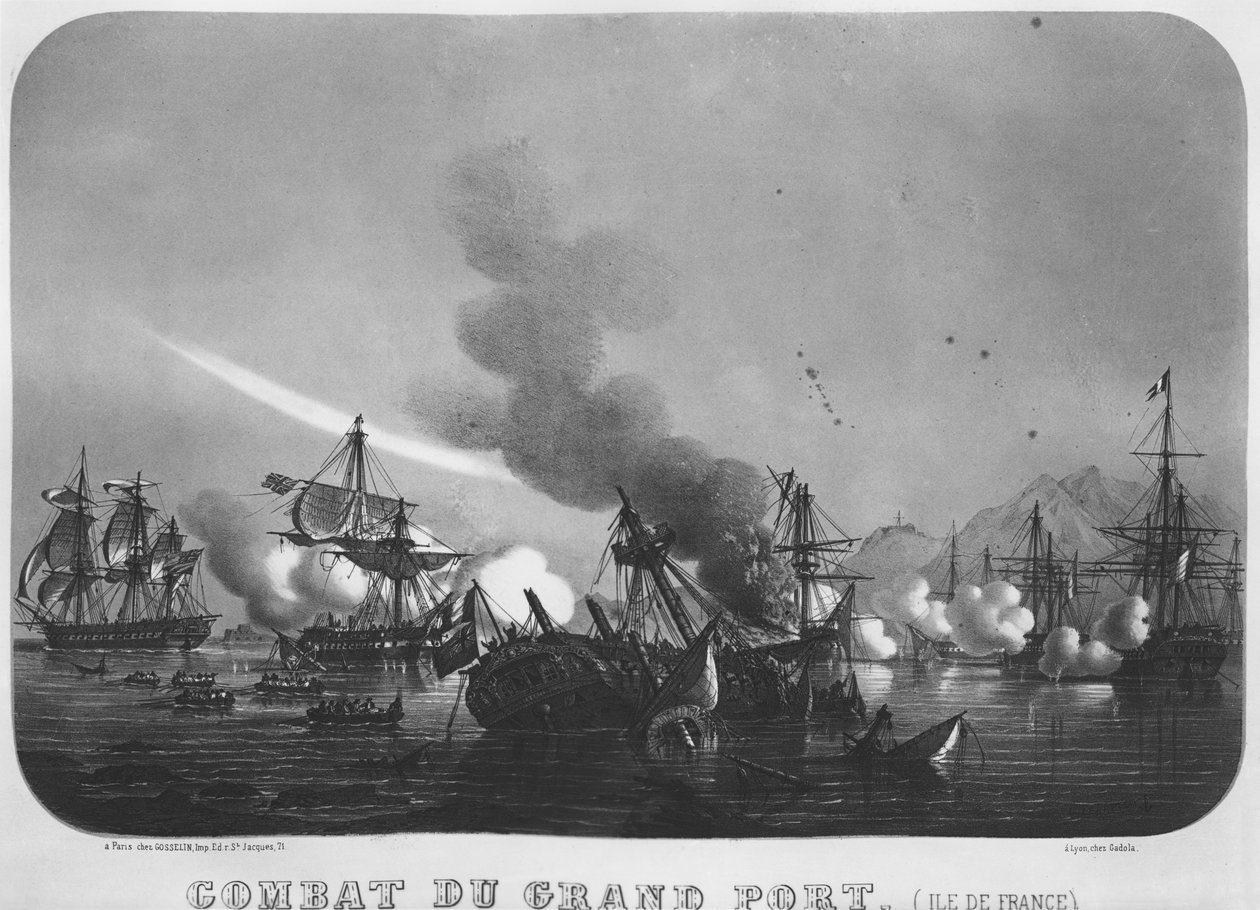 Sjøslag ved Grand Port, Mauritius, i 1810 av Louis Le Breton