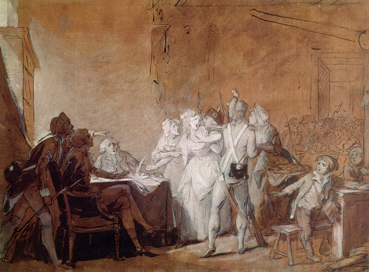Arresten av Charlotte Corday (penn og blekk og wc på papir) av Louis Leopold Boilly