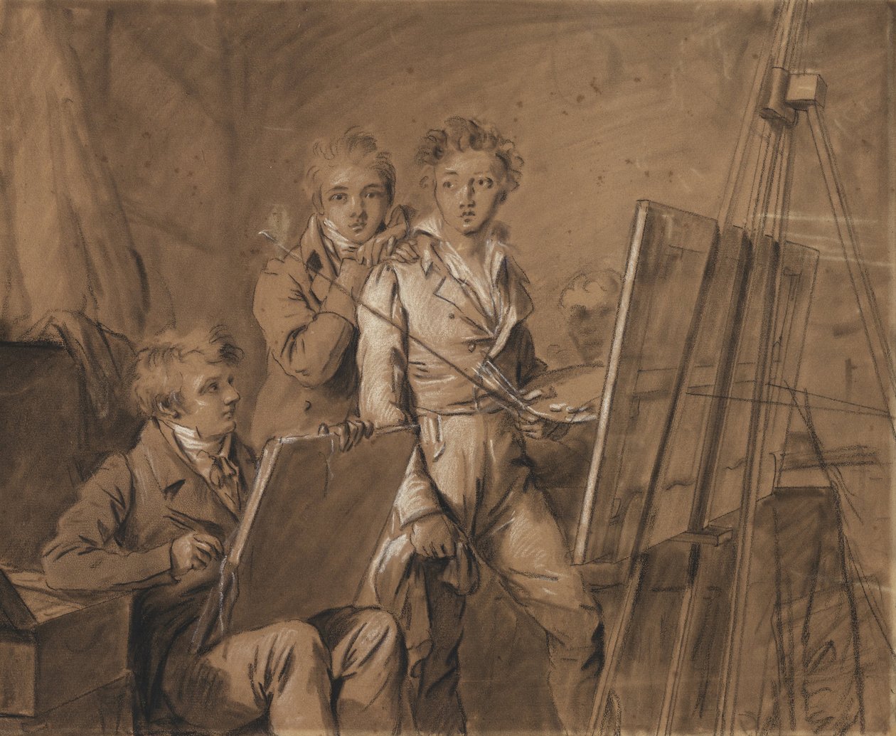 Tre unge kunstnere i et studio av Louis Leopold Boilly