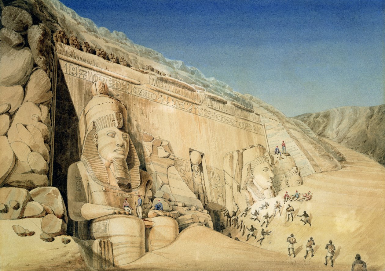 Utgravningen av det store tempelet til Ramesses II, Abu Simbel (wc på papir) av Louis M.A. Linant de Bellefonds