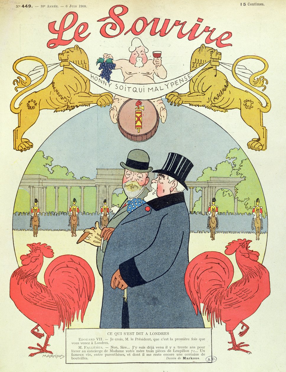 President Armand Fallieres (1841-1931) med kong Edward VII (1841-1910) forside av magasinet 'Le Sourire', 6. juni 1908 av Louis Marcoussis