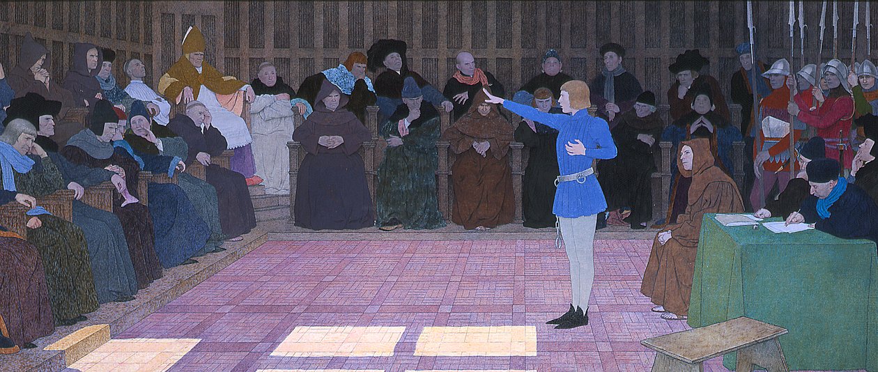 The Trial of Joan of Arc, fra Joan of Arc Series F, 1911 (olje og bladgull på lerret) av Louis Maurice Boutet de Monvel