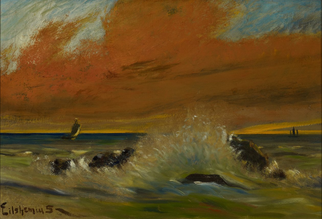 Solnedgang, 1916 (olje på papir montert om bord) av Louis Michel Eilshemius
