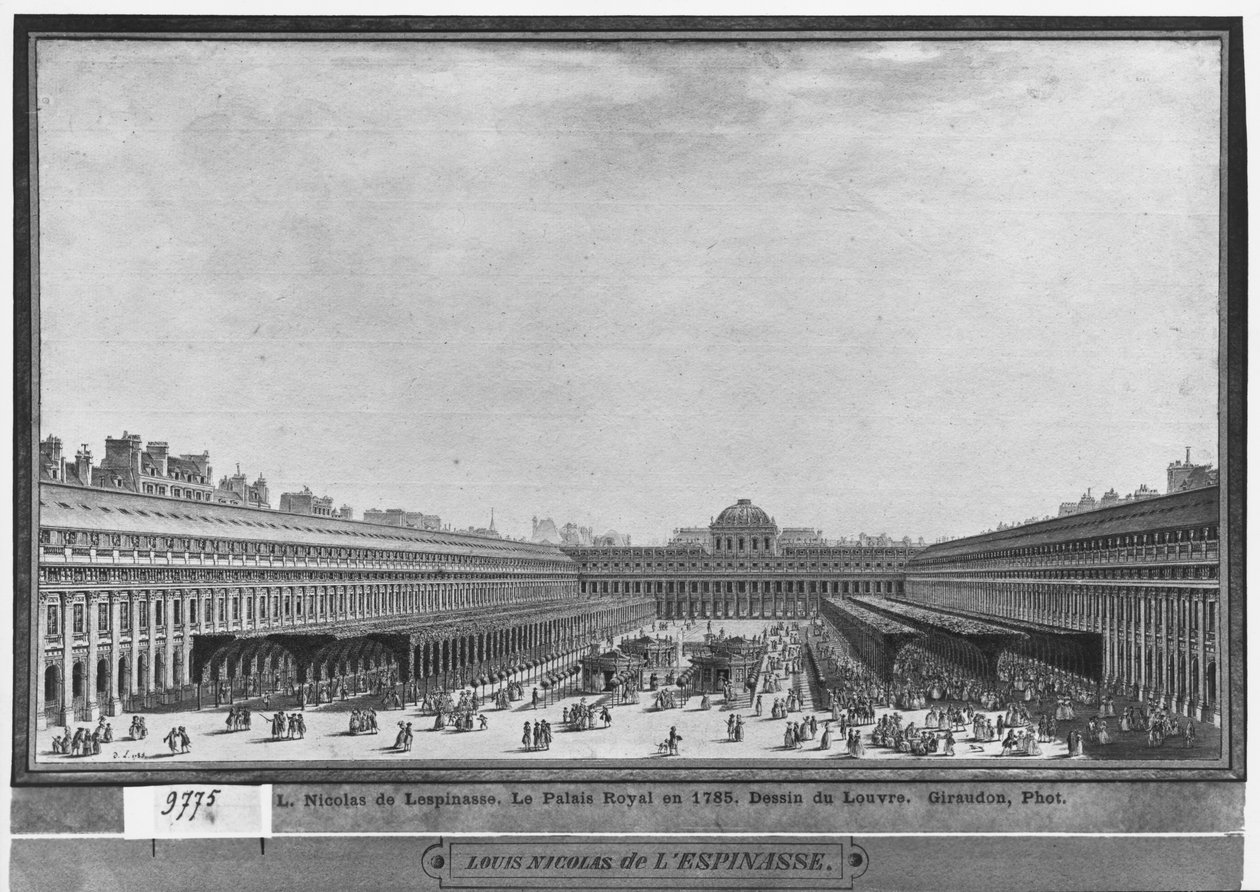 Garden of the Palais Royal, 1785 (wc og penn og grått blekk på papir) av Louis Nicolas de Lespinasse