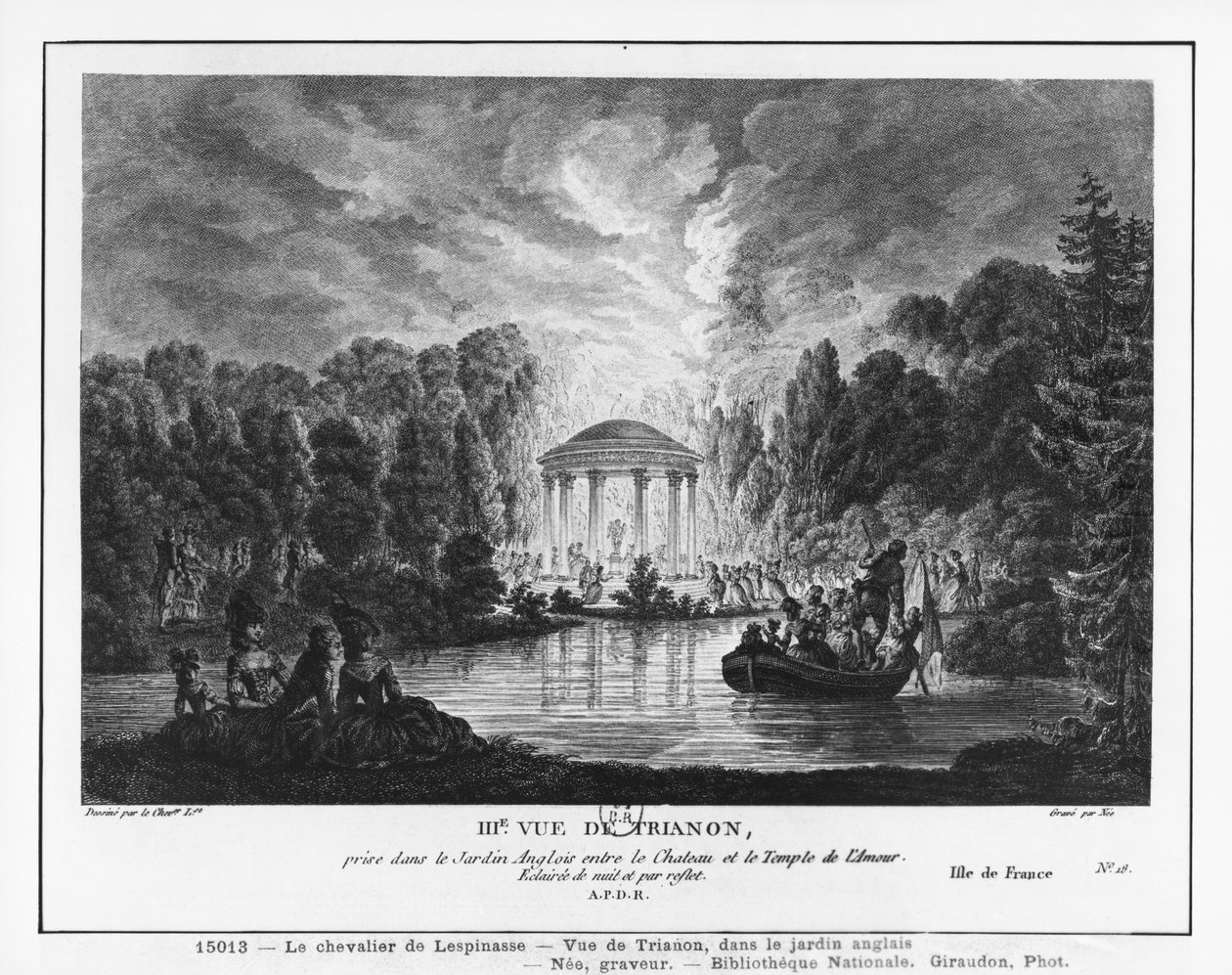 Tredje utsikt over Trianon, tatt fra den engelske hagen mellom slottet og Kjærlighetens tempel, gravert av Francois Denis Nee (1732-1817) av Louis Nicolas de Lespinasse