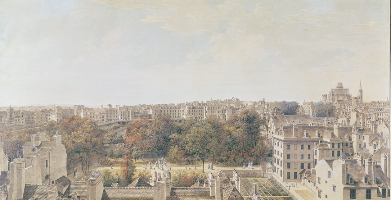 Utsikt over Paris fra Belvedere of M. Fornelle, rue des Boulangers, 1787 (penn, brunt blekk, wc og gouache på papir) av Louis Nicolas de Lespinasse