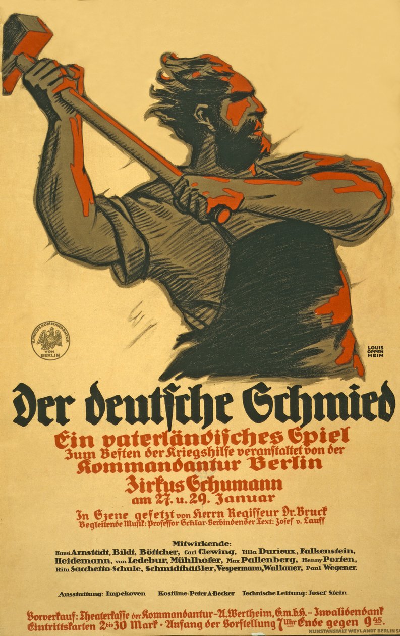 Plakat som annonserer et skuespill til fordel for tysk krigshjelp, ca. 1914-18 av Louis Oppenheim