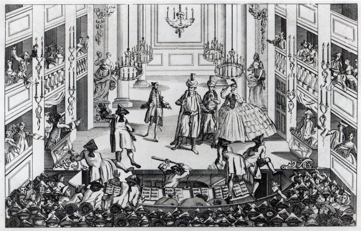 Opprør ved Covent Garden Theatre i 1763 som følge av at lederne nektet å innrømme halv pris i Operaen til Artaxerxes av Louis Philippe Boitard