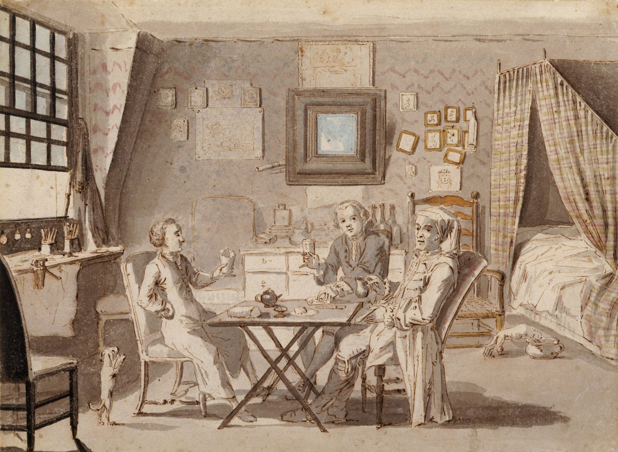 Selvportrett med to unge menn (penn og brunt blekk og wc på papir) av Louis Philippe Boitard