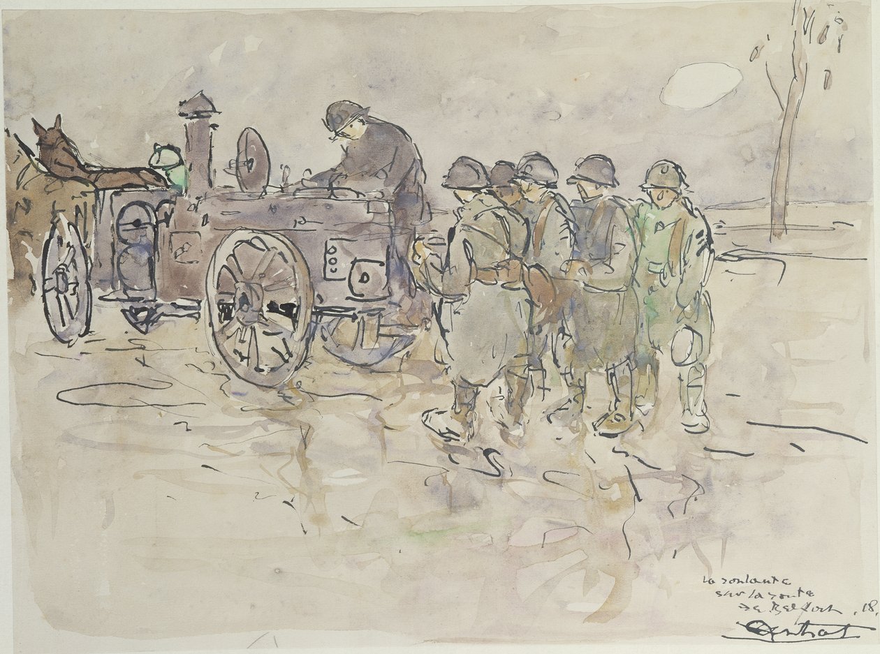 Field Kitchen på veien til Belfort, 1918 (penn og blekk og wc på papir) av Louis Robert Antral