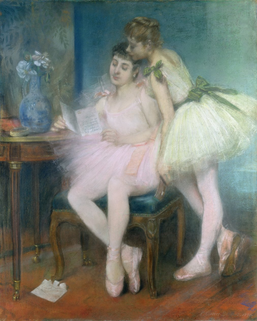 La Lettre (Brevet) 1890 (pastell på papir lagt ned på lerret) av Louis Robert Carrier Belleuse