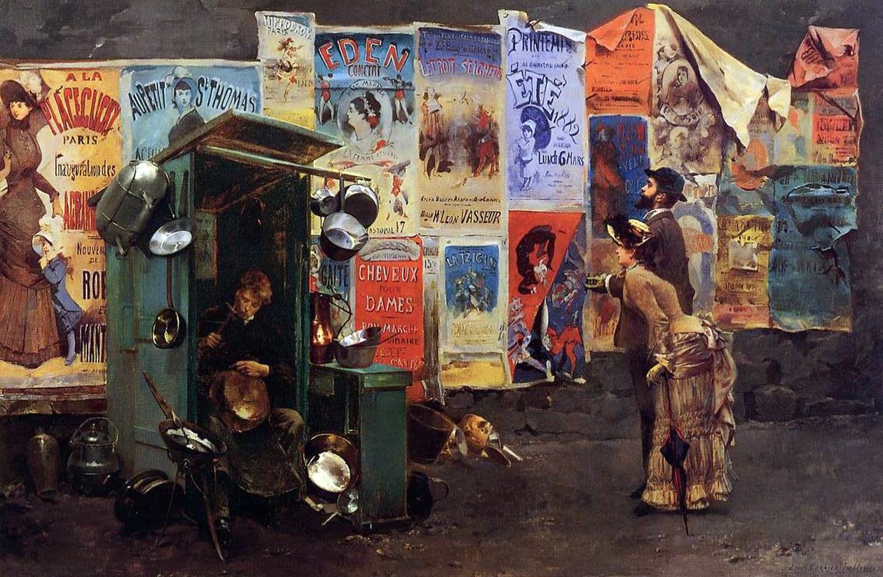 Plakater på en vegg og en mann som reparerer metallpotter, 1882 av Louis Robert Carrier Belleuse