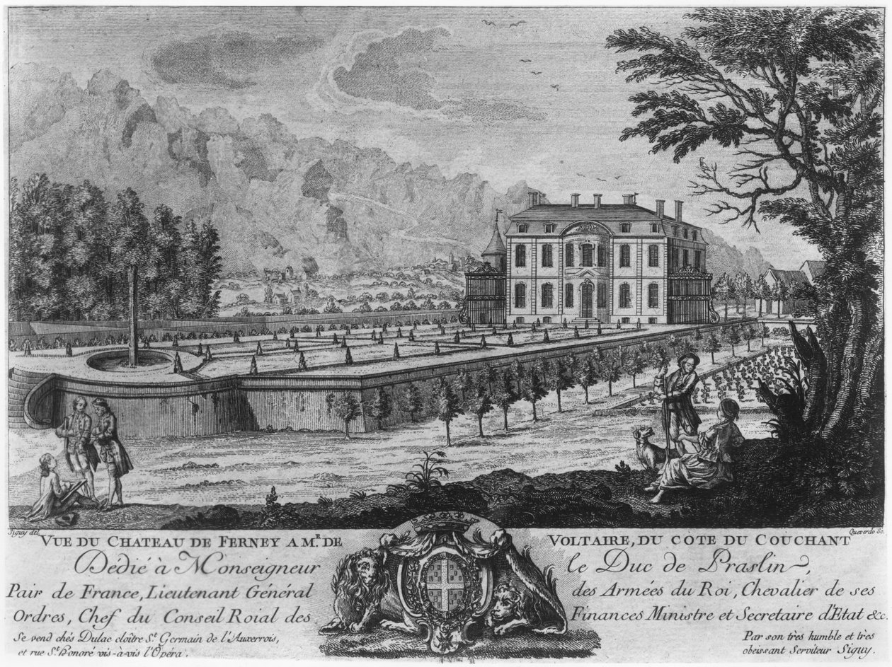 Voltaires hus i Ferney, vestsiden, gravert av Francois, Maria, Isidore Queverdo (1748-97) av Louis Signy