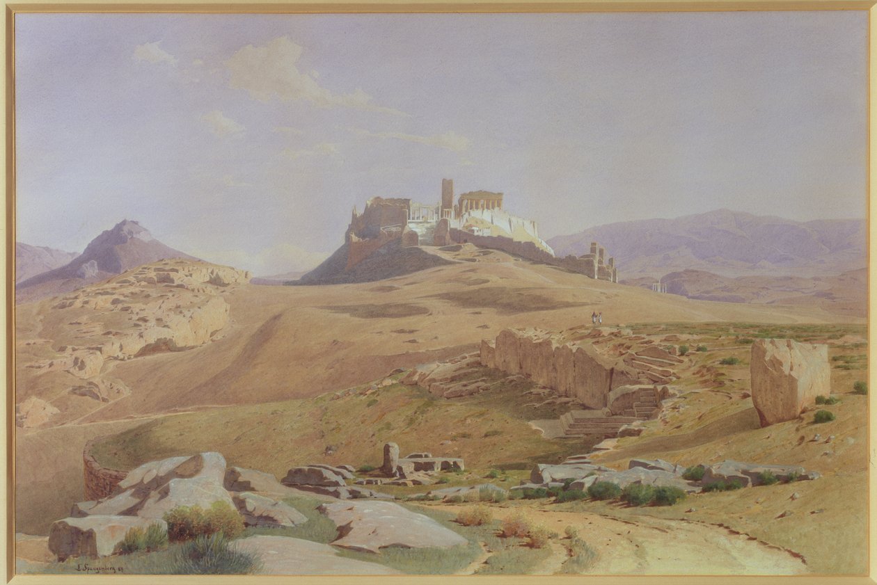 Utsikt over Akropolis, 1887 (wc på papir lagt på kort) av Louis Spangenberg