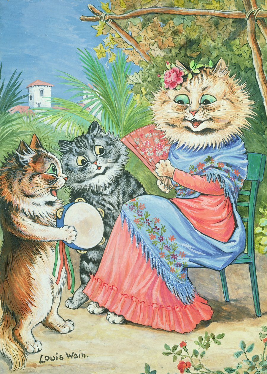 Kattemor med vifte og to kattunger av Louis Wain
