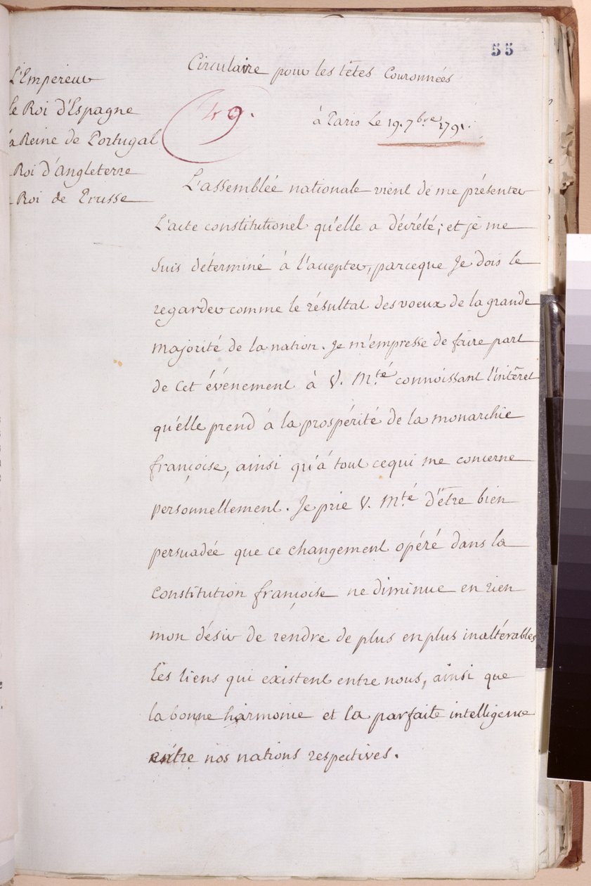 Brev til de europeiske suverene skrevet av Louis XVI (1754-93) som forklarer hans beslutning om å akseptere grunnloven av 1791, 19. juli 1791 av Louis XVI