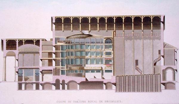 Tverrsnitt av Theatre Royal, Brussel, fra utvalg av de mest fremragende monumentene, bygningene og husene i kongeriket Nederland av Pierre Jacques Goetghebuer, gravert av forfatteren, utgitt 1 av Louis Damesme