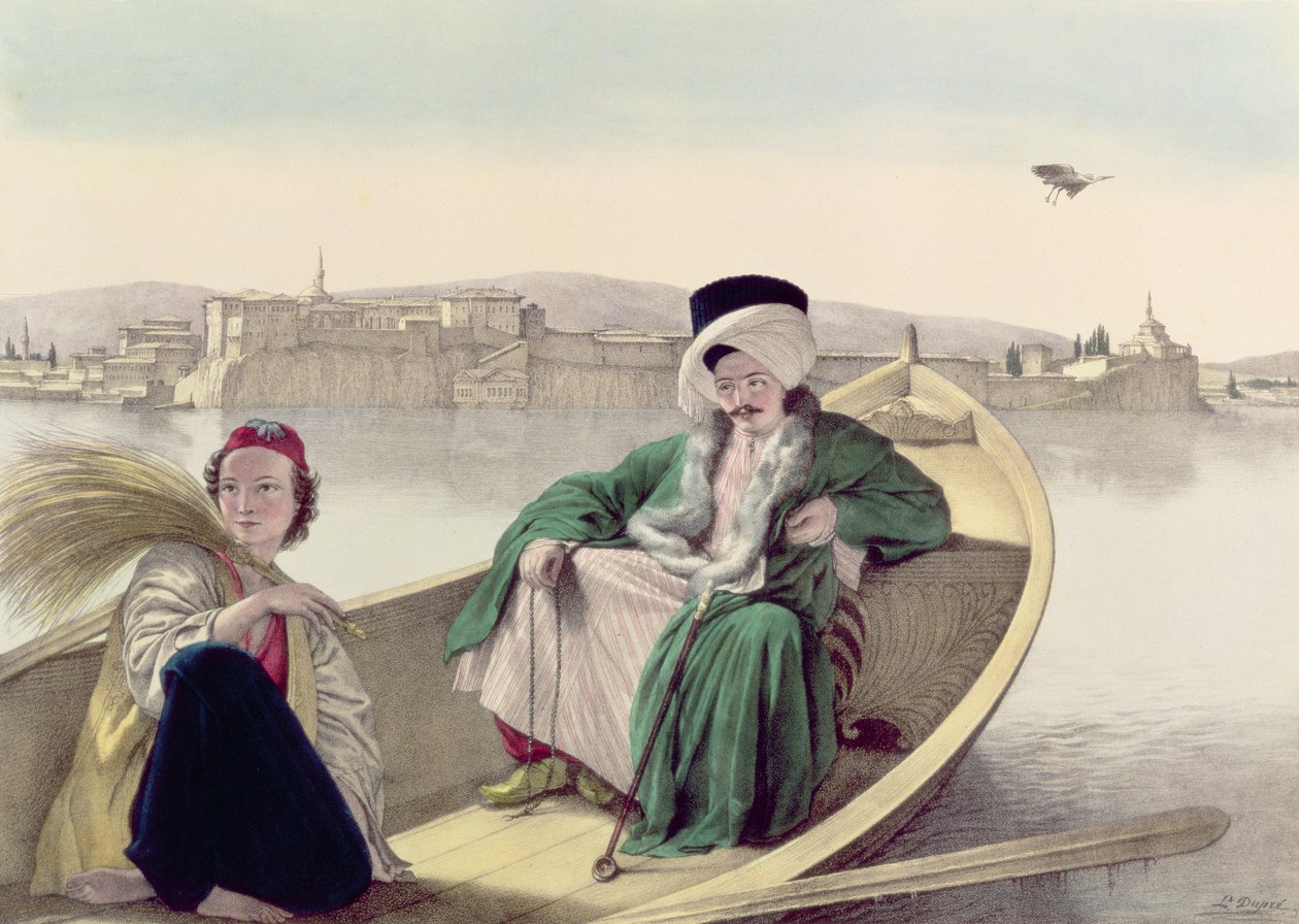 Reise til Athen og Konstantinopel: Janinas palass og festning, sett fra innsjøen, en tyrker og en ung greker av Louis after Dupre