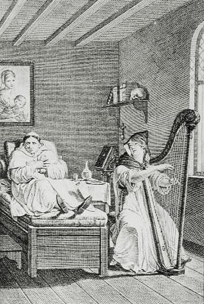 Mens hun sang, lyttet Ambrosio med glede, gravert av LEpine av Louis Lafitte
