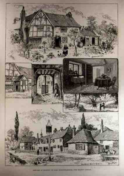 Skisser ved Chalfont St. Giles, Buckinghamshire, med Miltons Cottage, fra The Illustrated London News, 4. juni 1887 av Louis Wain