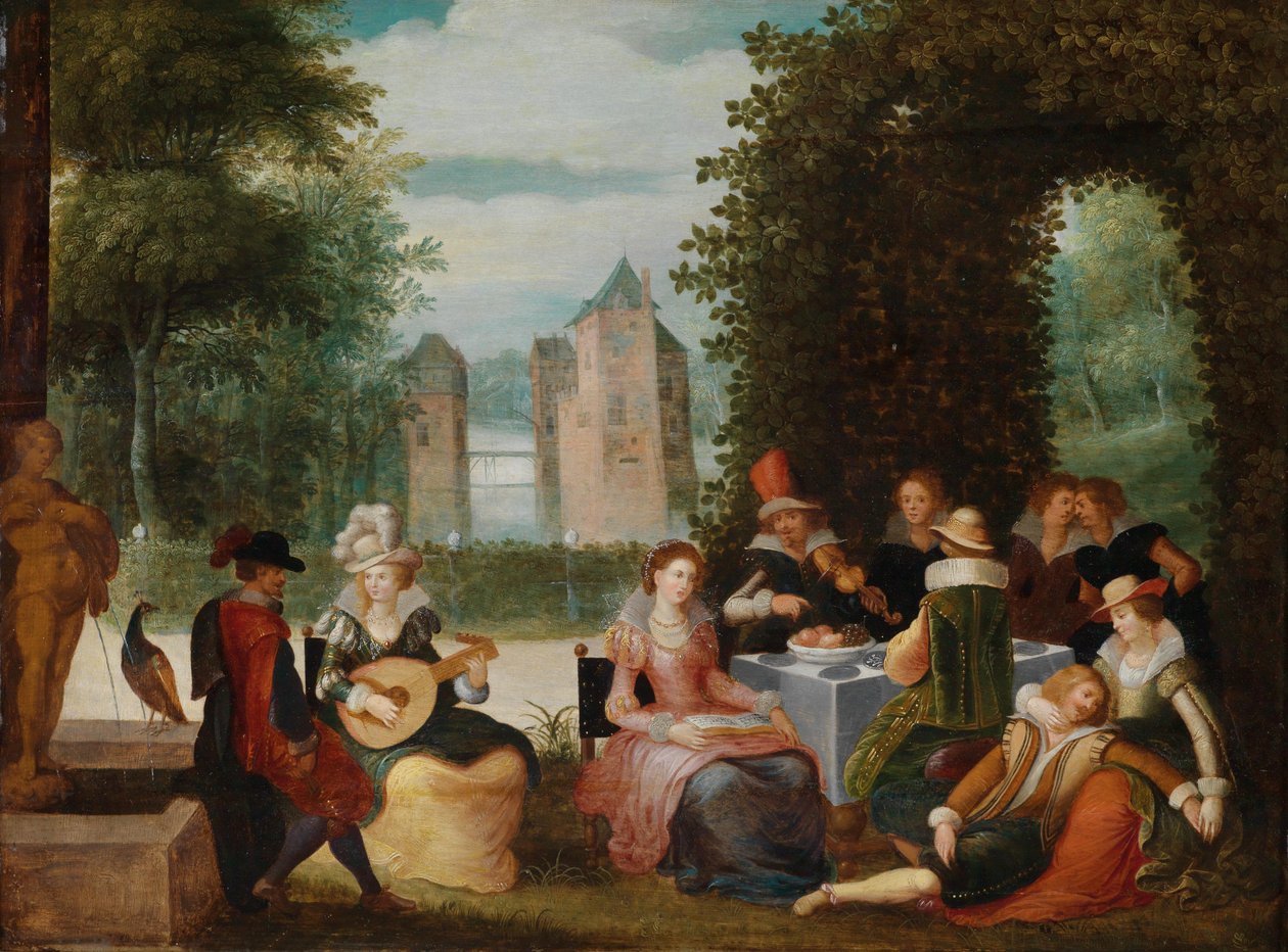 Elegant musikkskapende selskap i en park av Louis de Caullery
