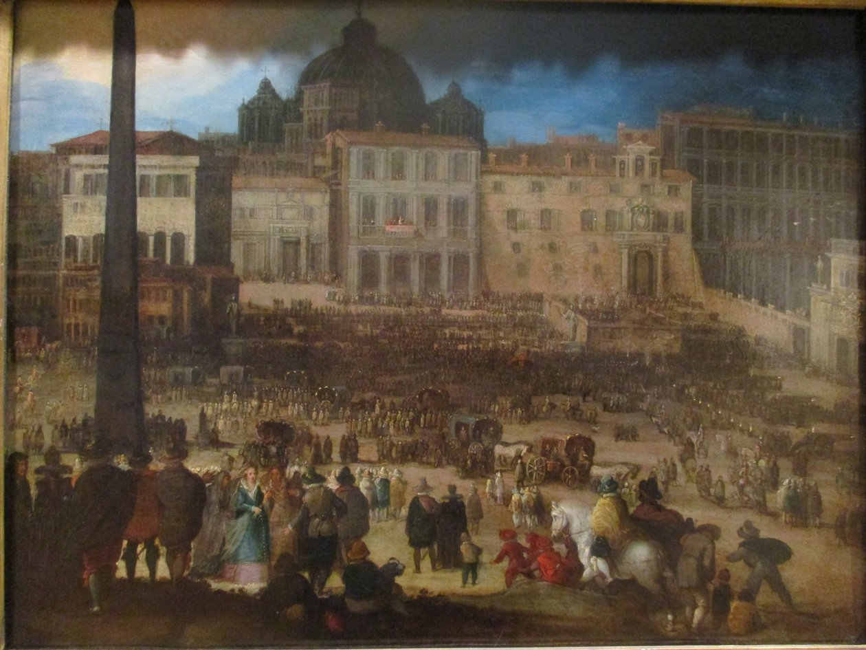 Utsikt over Petersplassen i Roma når pave Clemens VIII dukker opp på loggiaen etter valget i 1592 av Louis de Caullery