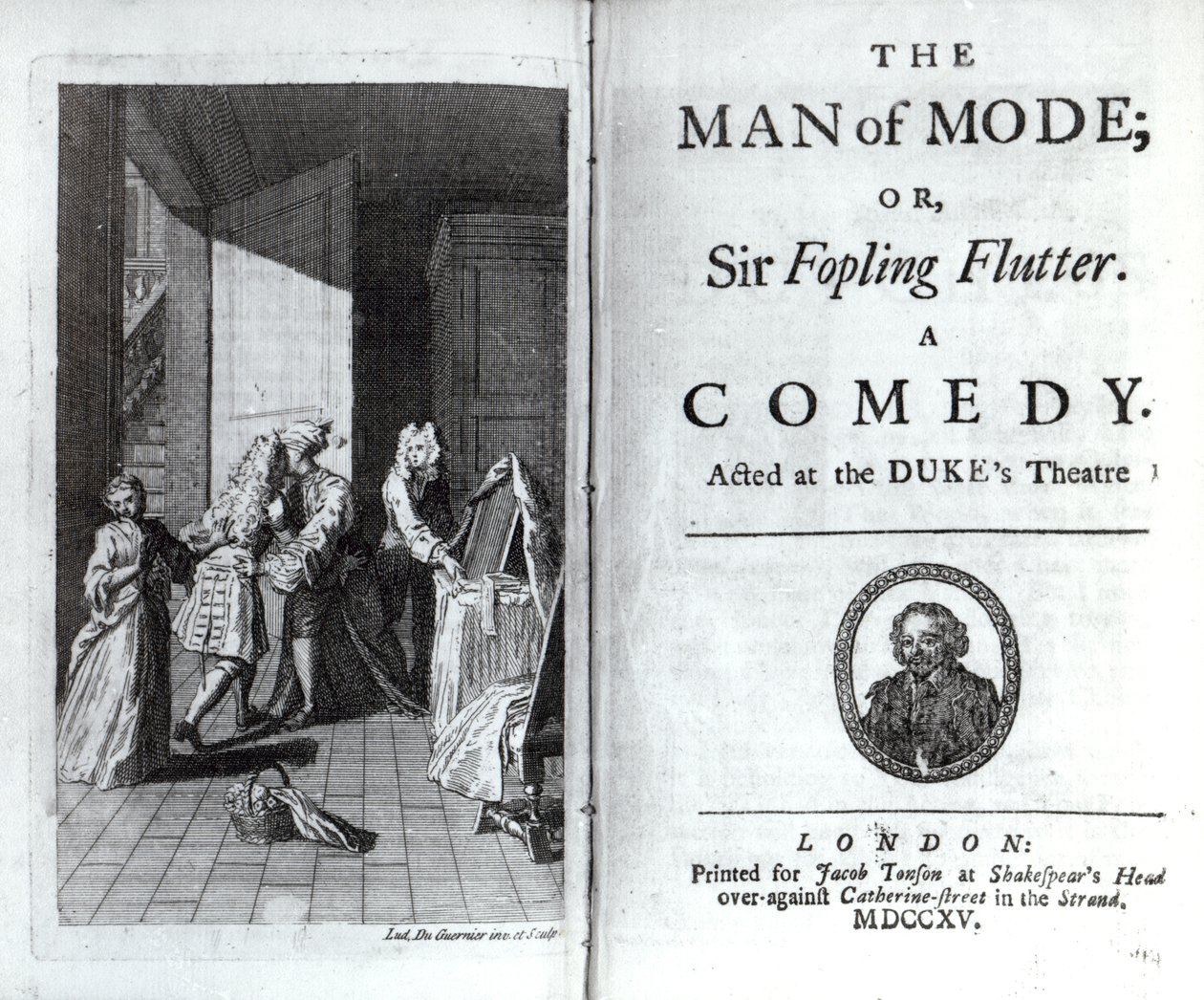 Frontispice og tittelside for The Man of Mode, eller Sir Fopling Flutter av George Etherege, utgitt 1715 av Louis du Guernier