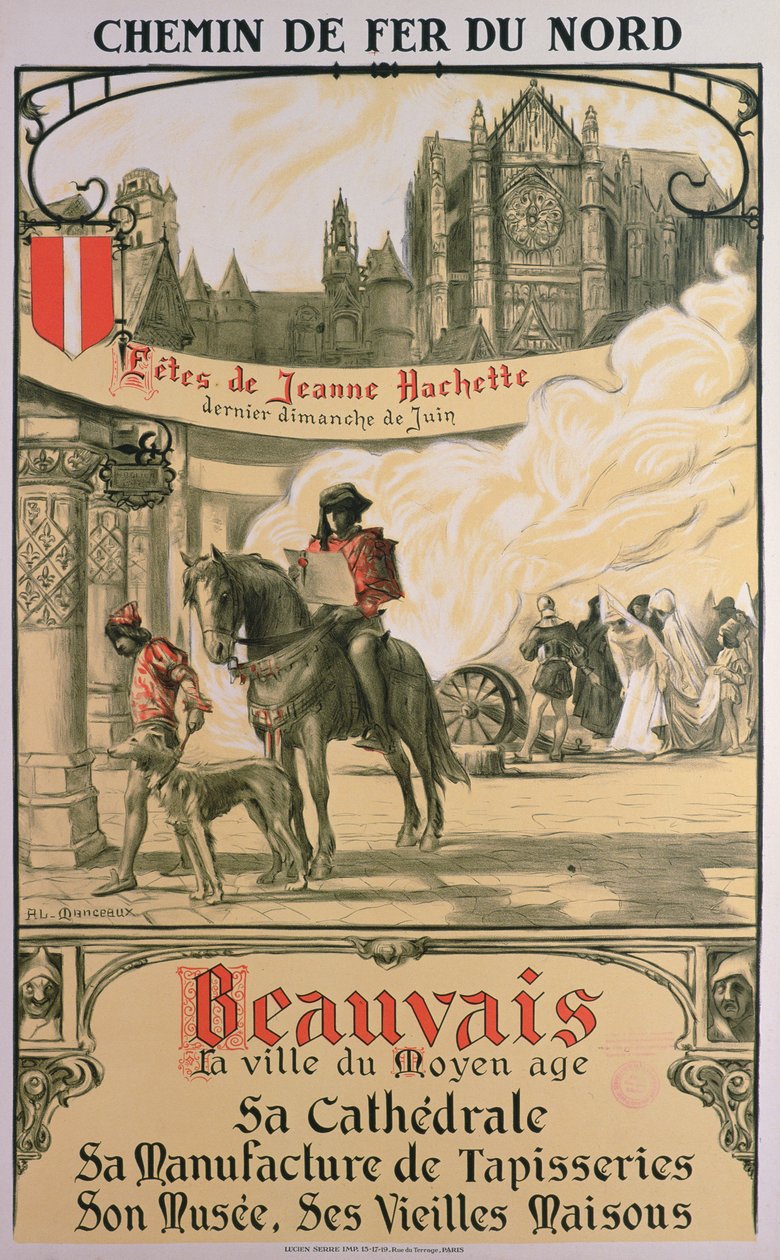 Beauvais - middelalderens by (farge litho) av Louis Antoine Manceaux