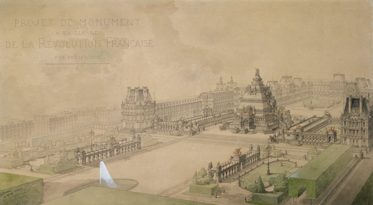 Prosjekt for en pyramide ved Louvre som et monument til den franske revolusjonens ære (blyant, penn, blekk, vask og wc på papir) av Louis Ernest Lheureux