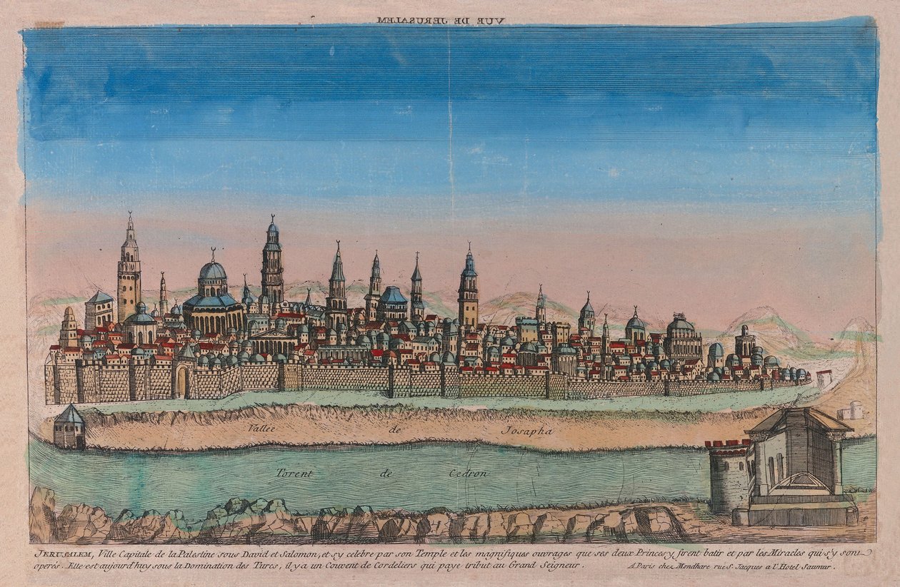 Utsikt over Jerusalem, 1770 (håndfarget gravering) av Louis Joseph Mondhare