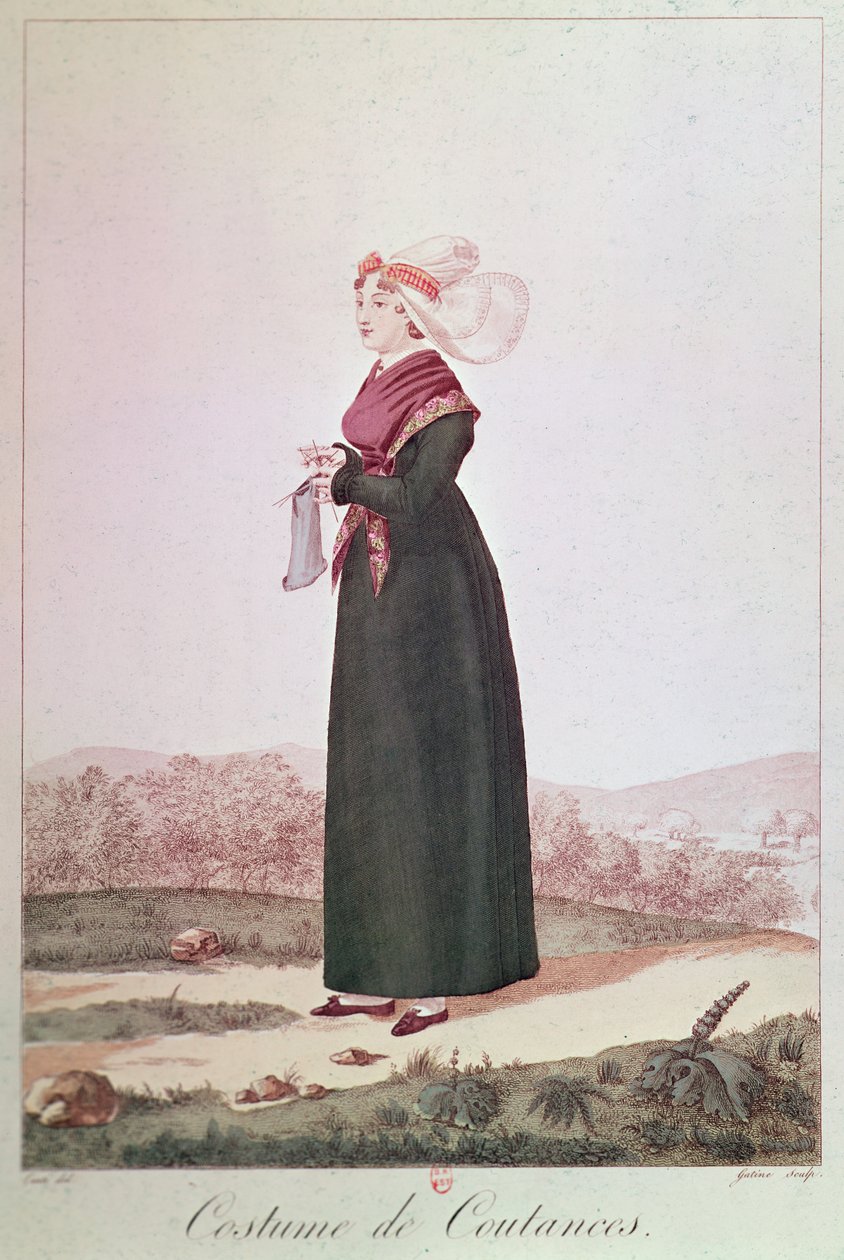 Kvinnelig kostyme fra Coutances, gravert av Georges Jacques Gatine av Louis Marie Lante