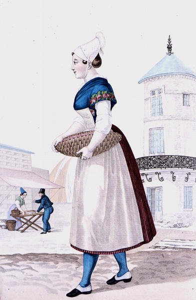 Tradisjonell drakt av St. Valery en Caux, gravert av Gatine ca. 1820 (fargegravering) av Louis Marie (after) Lante