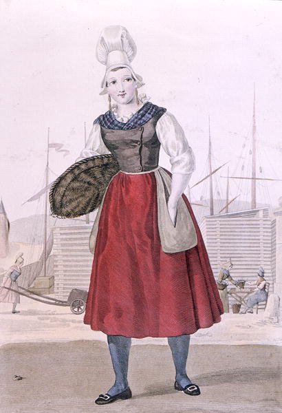Tradisjonell drakt av en fiskeselger av Dieppe, gravert av Gatine ca. 1820 (fargegravering) av Louis Marie (after) Lante