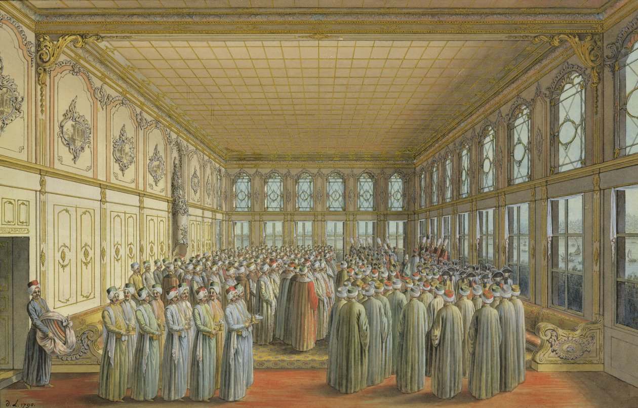 Mottakelsen av en ambassadør av storvesiren ved Topkapi-palasset, Konstantinopel, 1790 (wc og kroppsfarge med kritt, penn og blekk på papir) av Louis Nicolas de Lespinasse