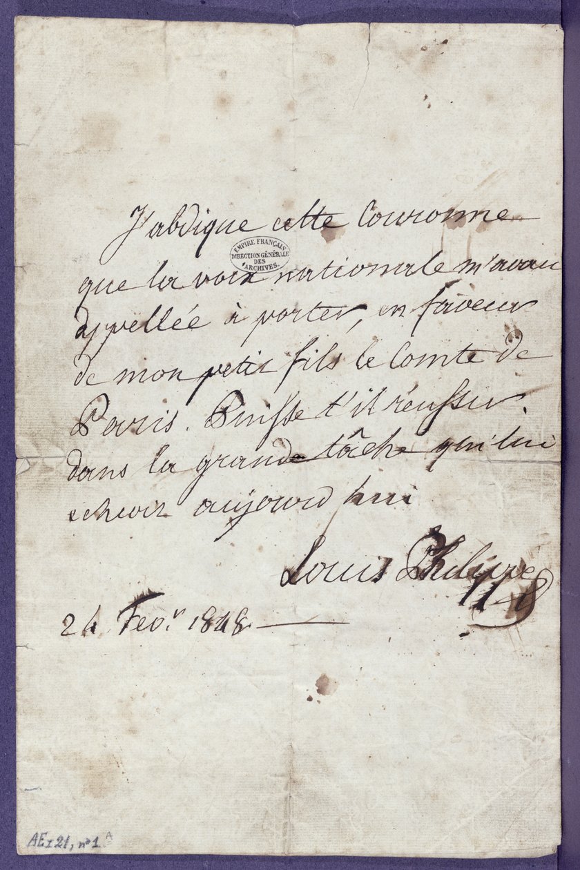 Lov om abdikasjon av tronen av Louis-Philippe (1773-1850) til fordel for hans barnebarn, Louis-Philippe Albert dOrleans (1838-94), Comte de Paris, 24. februar 1848 av Louis Philippe