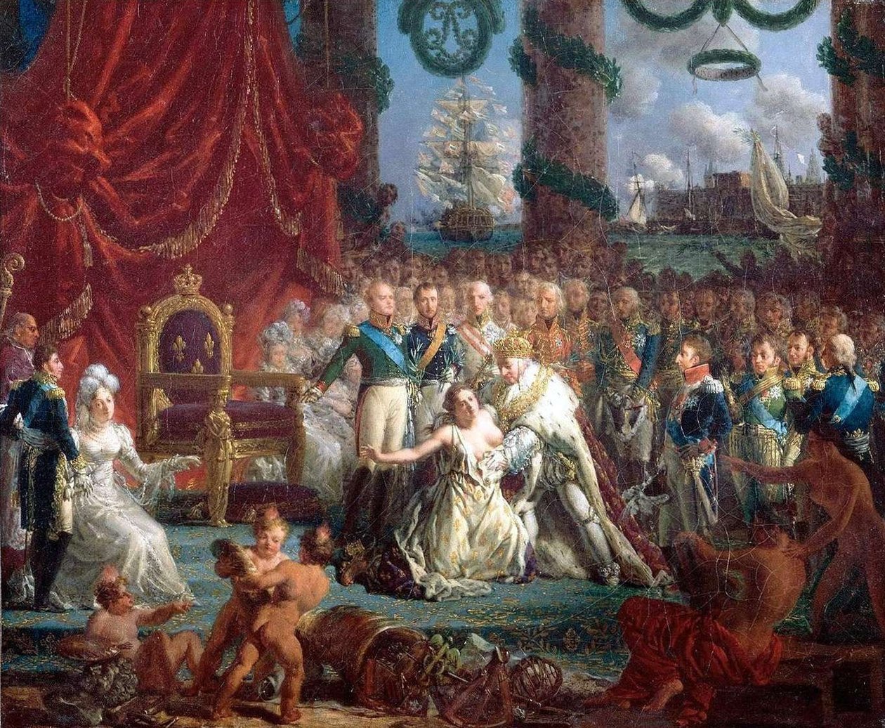 Allegori om retur av Bourbons 24. april 1814: Louis XVIII hevet Frankrike fra ruinene. av Louis Philippe Crepin