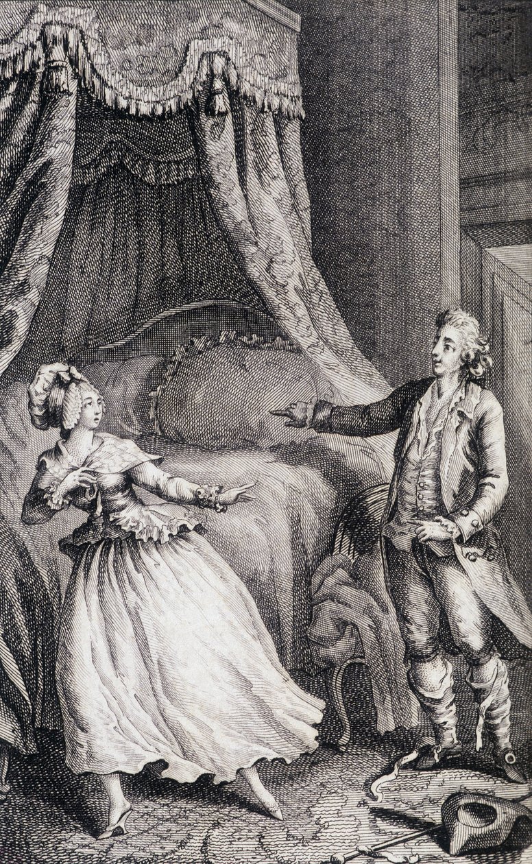 Par foran sengen på soverommet - i "" Les francaises ou 34 eksempler valgt i gjeldende skikk for å lede døtre, kvinner, koner, mødre" av Restif de La Bretonne (1734-1806), ill. av Binet, Neufchatel av Louis (after) Binet