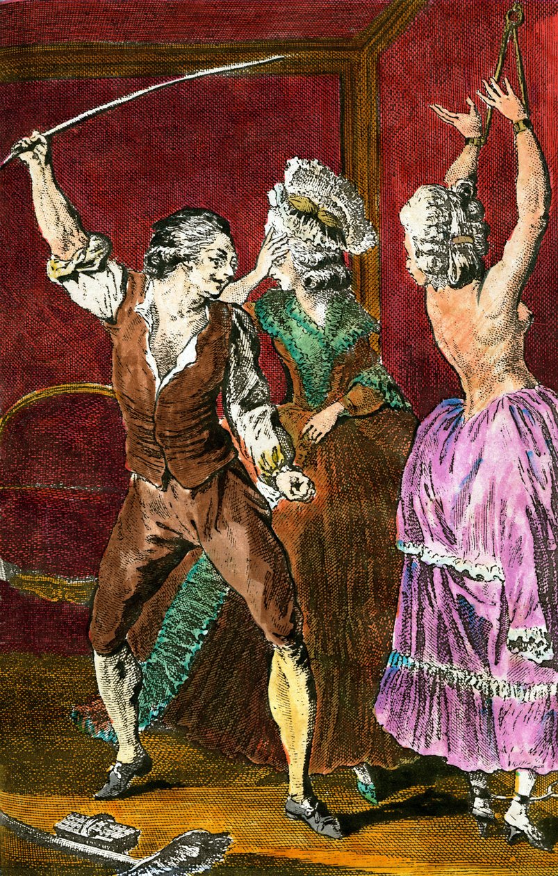 Erotikk: medlemmer av adelen som hengir seg til sadomasochistiske nytelser, en mann pisk en kvinne knyttet. Gravering av Leroy etter en tegning av Louis Binet (1744-1800) for "Den perverterte bonde" av Restif de la Bretonne (1734-1806) 1775 av Louis (after) Binet