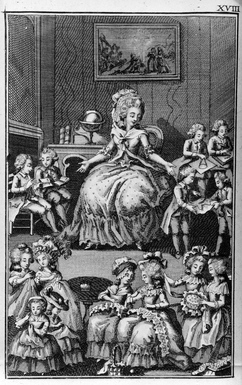 Illustrasjon av Louis Binet (1744-1800) for boken av Nicolas Edme Restif de La Bretonne "" Les Parisiennes"", eller XL General Characters Taken in the Modern Moors, fit to serve a l’instruction des Person-du-Sexe, hentet fra memoarene til det nye Lycee des av Louis (after) Binet