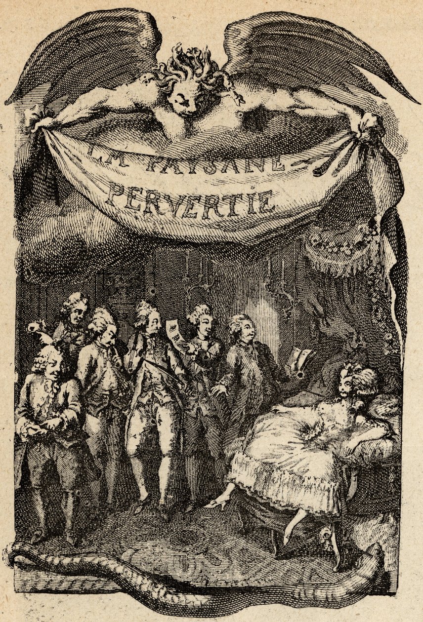 Illustrasjon for «Den perverterte bonden eller byens farer» av Restif de La Bretonne (1734-1806) fransk forfatter. Gravering av Binet fra 1700-tallet. av Louis (after) Binet