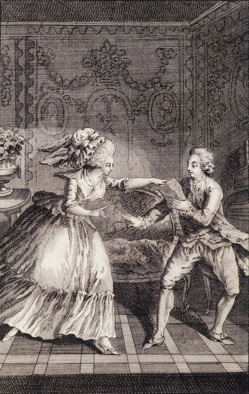 Den subtiliserte myke billetten (libertinage) - i "" Les francaises eller 34 eksempler valgt i gjeldende skikk for å lede døtre, kvinner, koner, mødre" av Restif de La Bretonne (1734-1806), ill. av Binet, Neufchatel av Louis (after) Binet