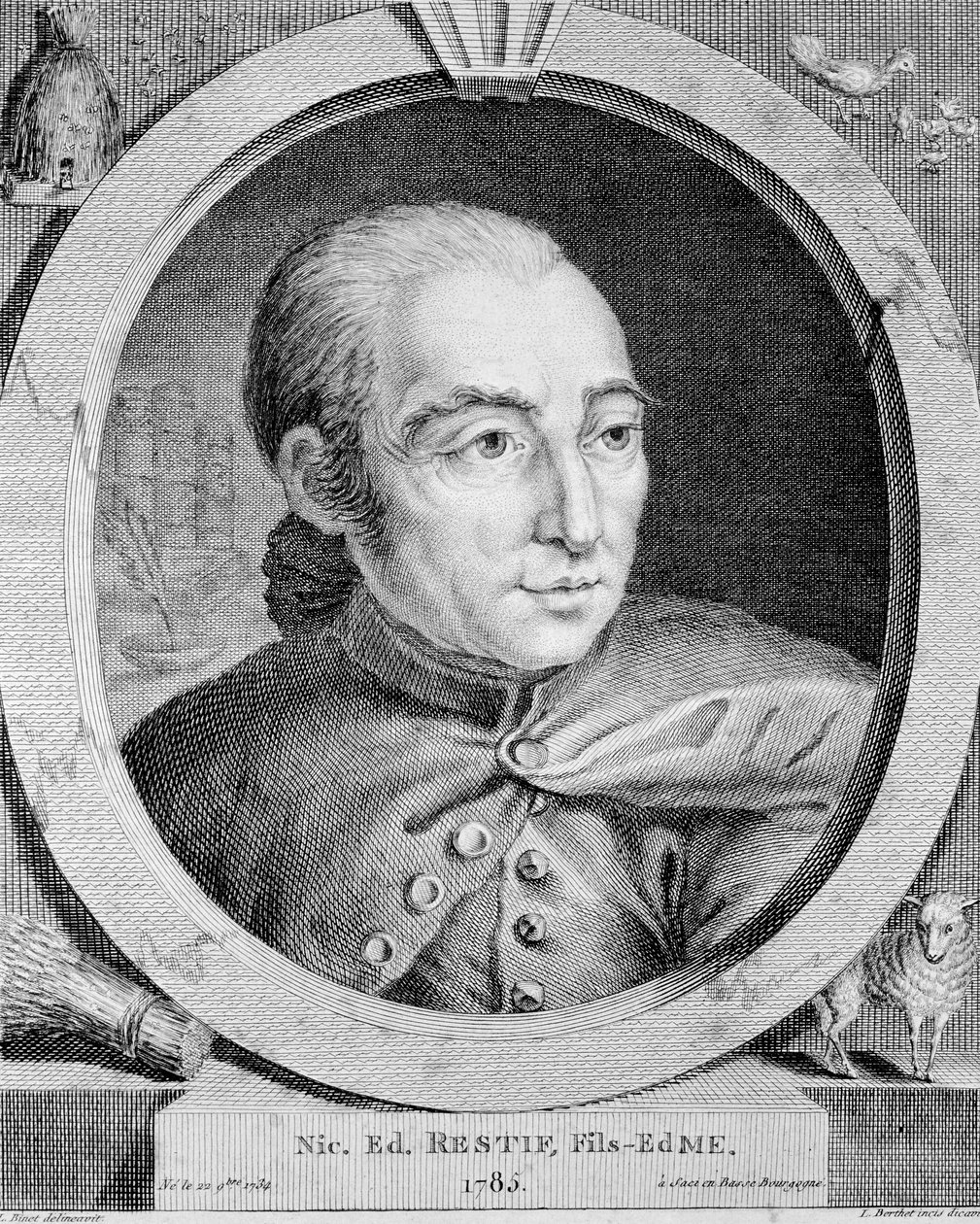 Portrett av Nicolas Edme Restif de La Bretonne (1734-1806) (også Retif de La Bretone) - av Binet, gravering av Louis (after) Binet
