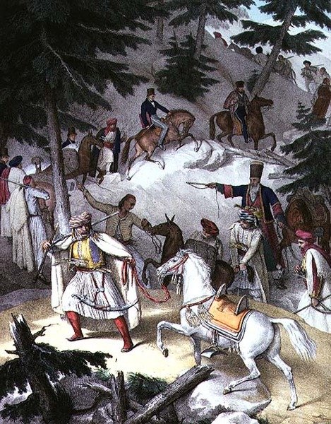 Reise til Athen og Konstantinopel: Le Pinde, krysset fra Janina til Tricala (litho) av Louis (after) Dupre