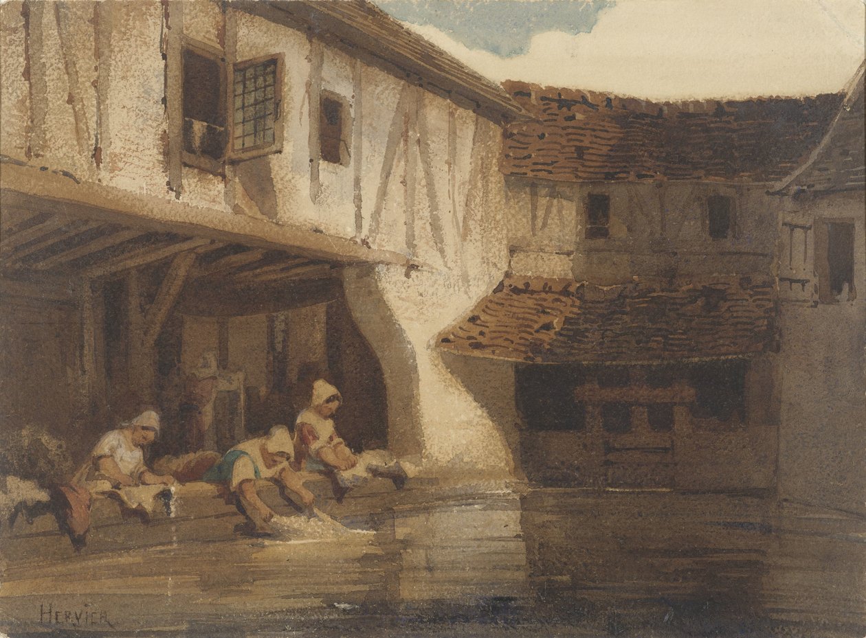 Vasker kvinner i en åpen hall i et boligkompleks på vannet av Louis Adolphe Hervier (signed by artist)