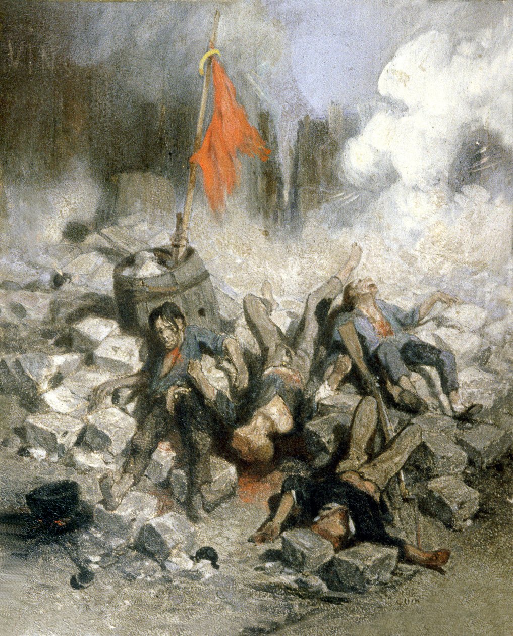 1848-revolusjonen: barrikader i Paris (olje på panel) av Louis Adolphe Hervier