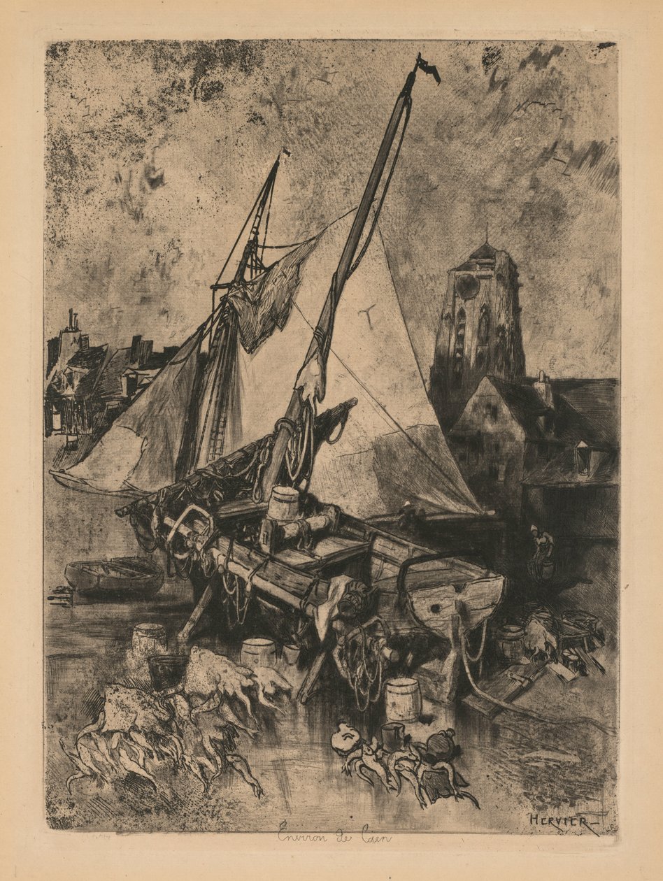 Fiskebåter, Normandie (Environ de Caen) av Louis Adolphe Hervier