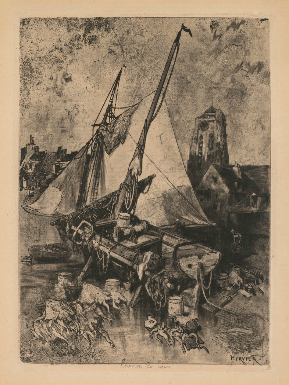 Fiskebåter, Normandie Environ de Caen, ca. 1862-1864. av Louis Adolphe Hervier